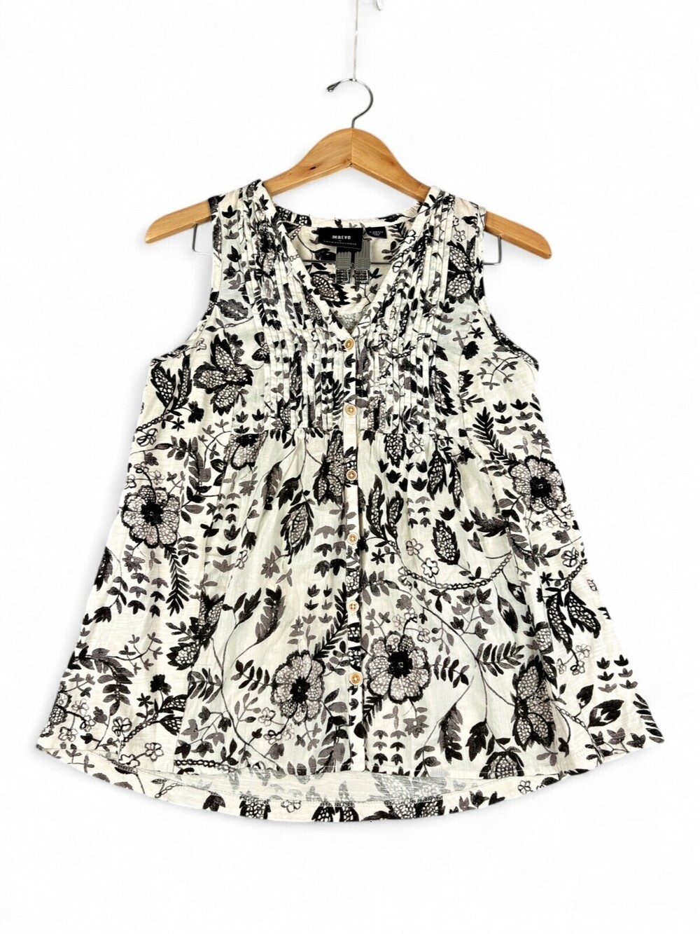 Maeve Anthropologie Black & White Floral Pintuck Sleeveless Blouse XS